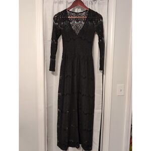 Astars Crochet V-Neck Black Maxi Dress Long Sleeve Whimsygoth Goth Size XS